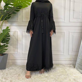 16001 plain Lace stitching muslim abaya dress