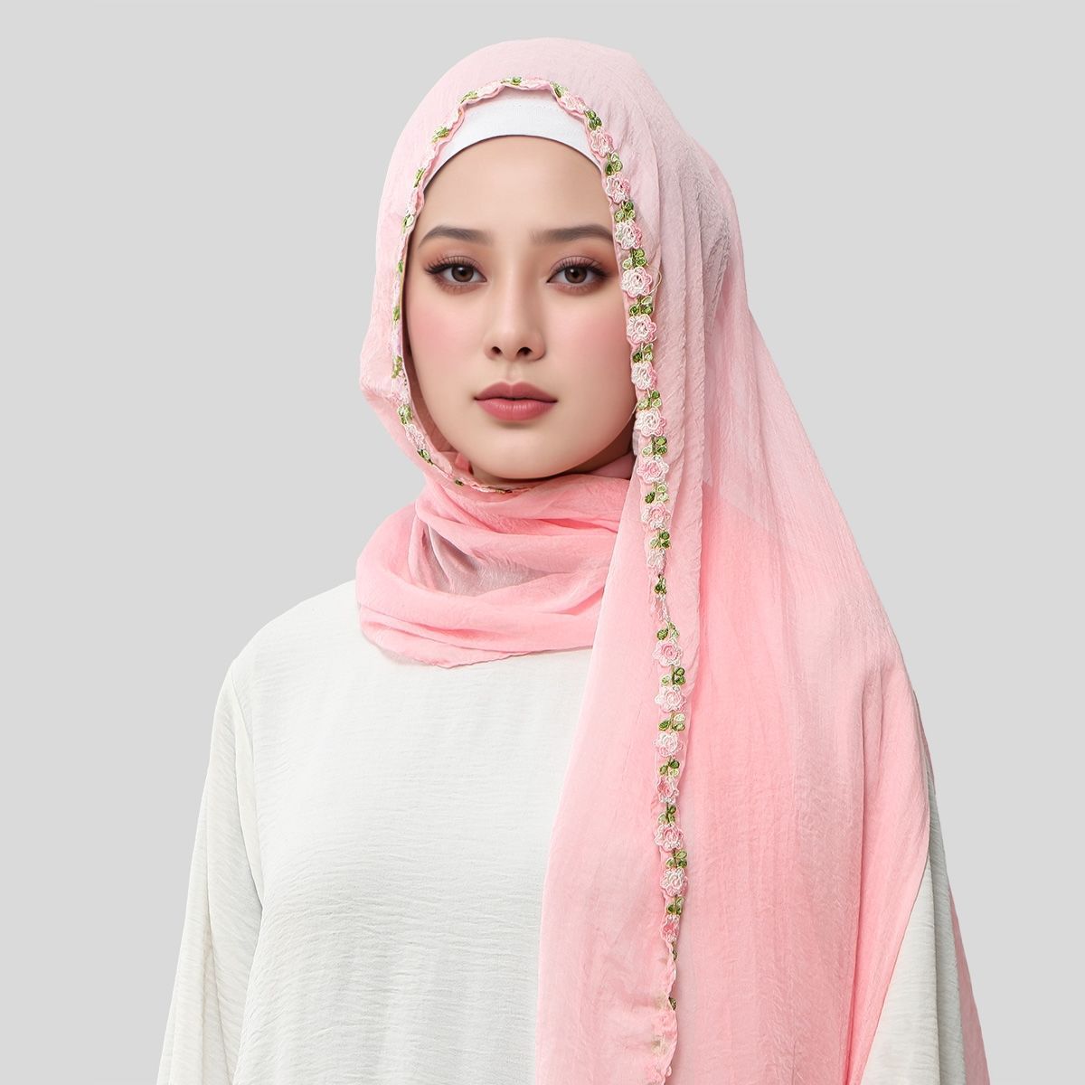 SW141  Plain Chiffon Rose Embroidered Hijab