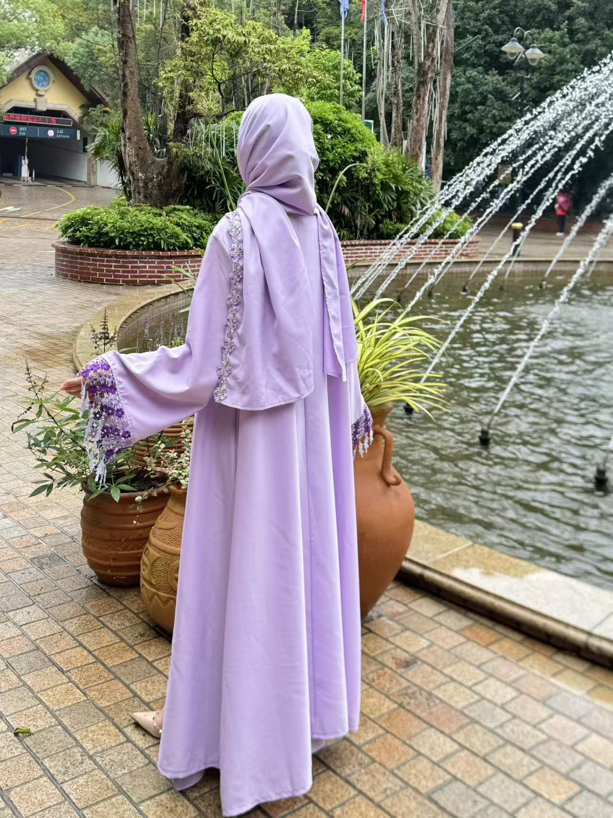 198#  Floral Embroidered Polyester Open Abaya + Slip Dress Set - Hijab sold separately