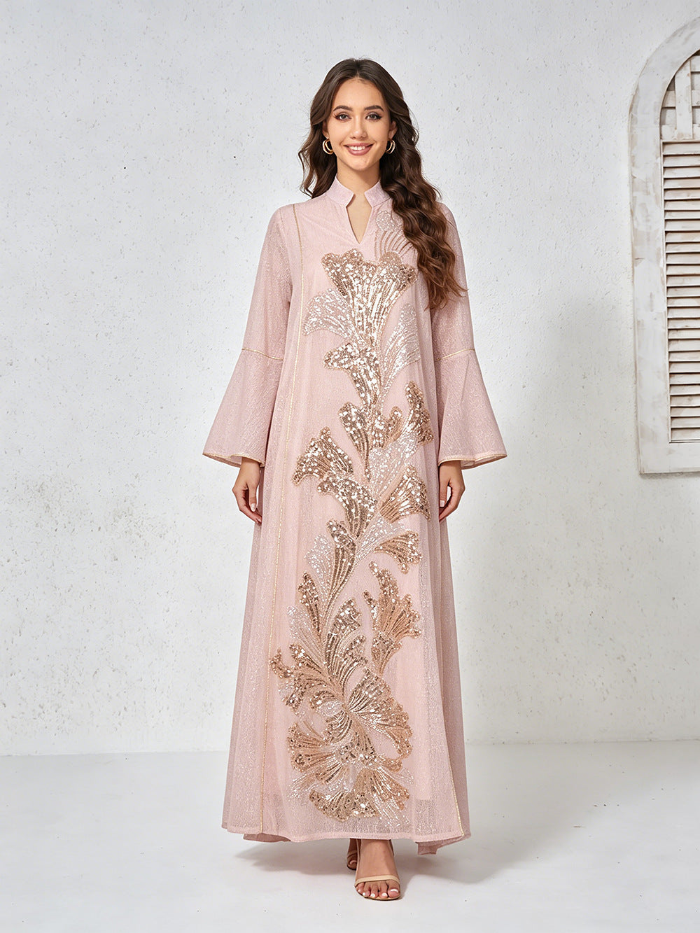 MT557  Stand Collar Sequin Beaded Embroidered Luxury Dress