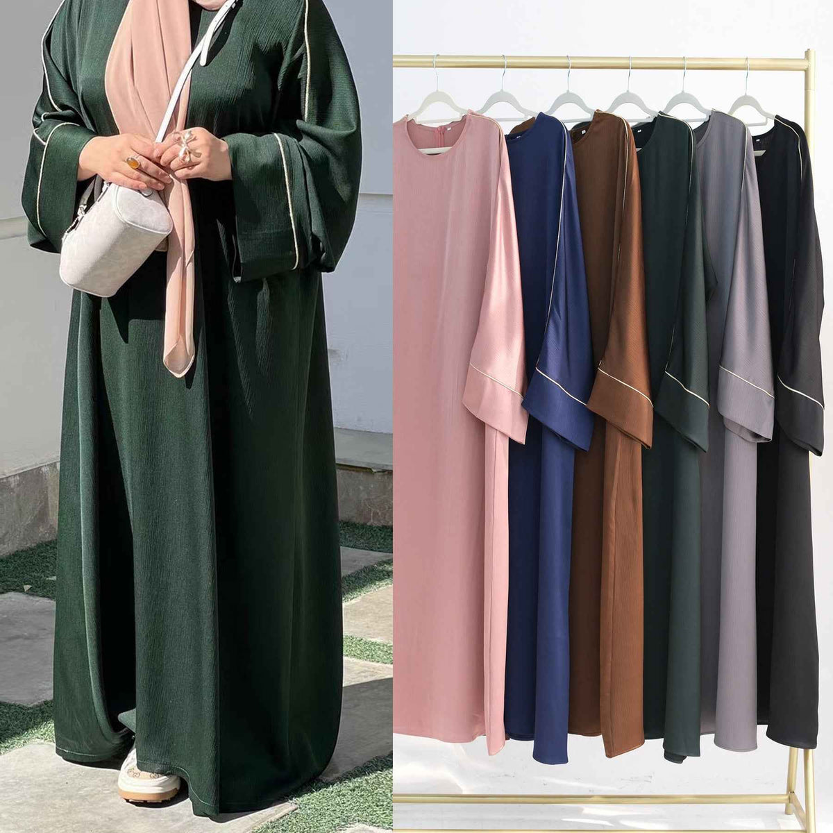 LR937  Contrast color trim abaya