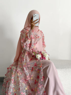 LR1189  3D Floral Open Abaya + Nida Inner Layer + Hijab Set