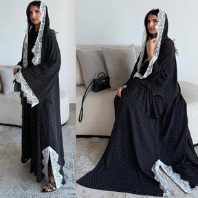 MQ259  Lace Trim Polka Dot Print Abaya Cardigan with Hijab Set