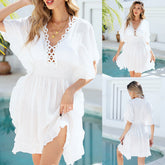 X6987 Beach Cover-up Hand-Crochet Flower Paneled Tassel Swimsuit