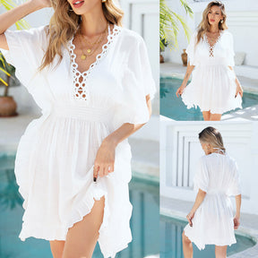 X6987 Beach Cover-up Hand-Crochet Flower Paneled Tassel Swimsuit