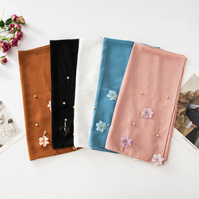 W-0900 90*90 plain pearl chiffon Flower dimond kerchief hijab scarf