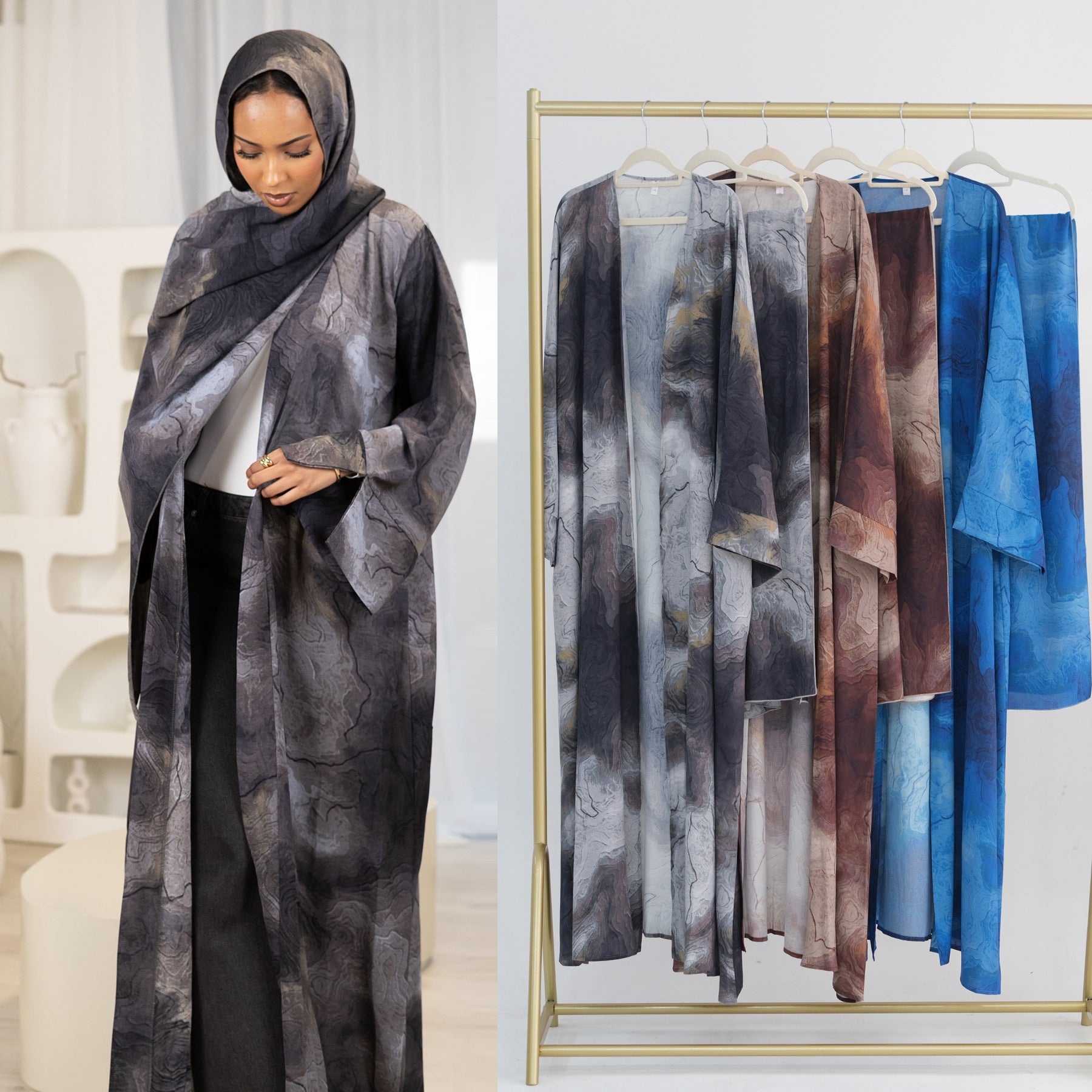 LR1158  Printed cardigan + hijab 2-piece set