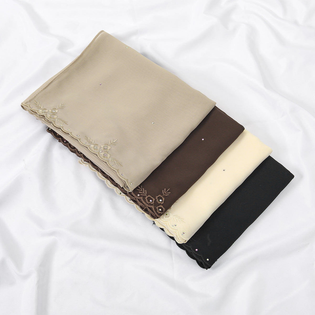 VE163  Plain Embroidered Rhinestone Pearl Chiffon Hijab