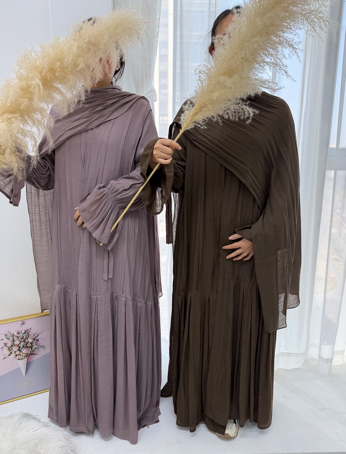 LR1139  Pleated cardigan with lining + hijab 2-piece set