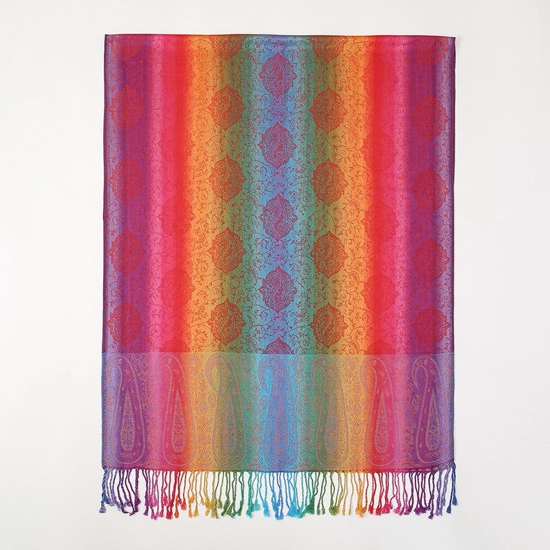 T318-01  Paisley Embroidered Ombre Tassel Polyester Cotton Scarf