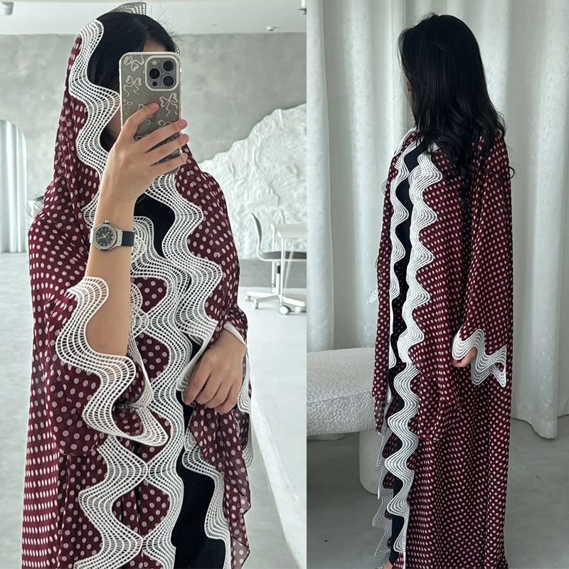 MQ297  Red Polka Dot Chiffon Wavy Lace Cardigan + Hijab Set