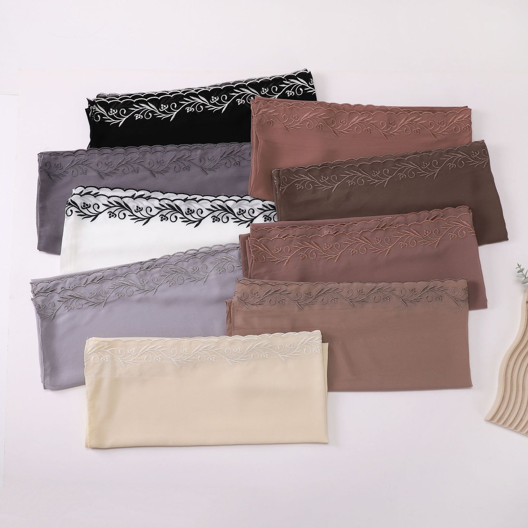 W-0512  Pearl Chiffon Long Hijab with One Side Embroidery