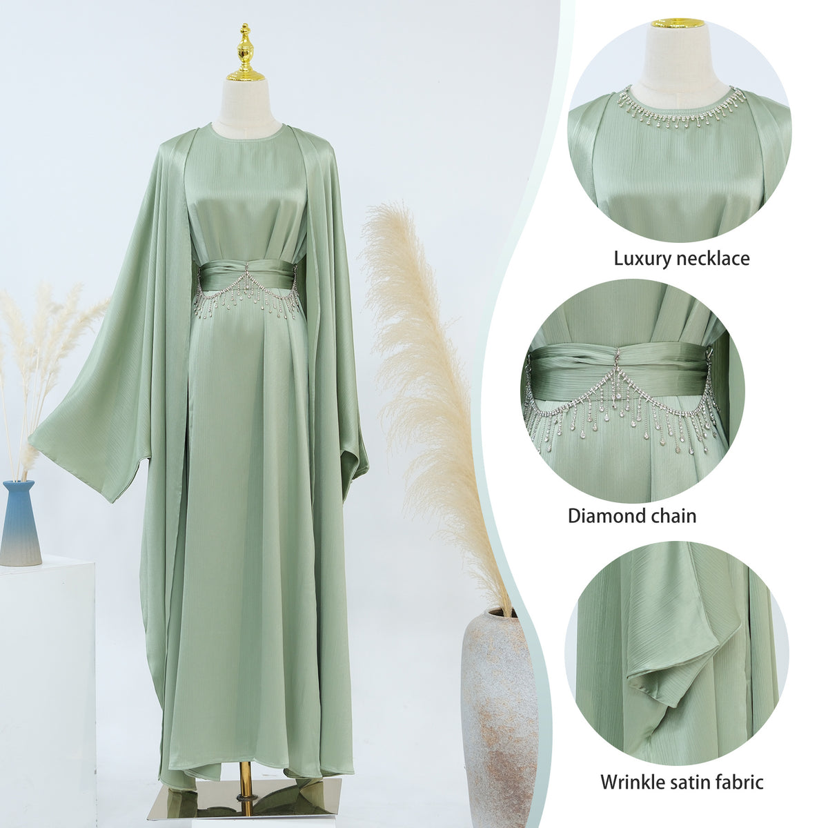 LR806  Elegant Abaya Two-Piece Set + Crystal Chain