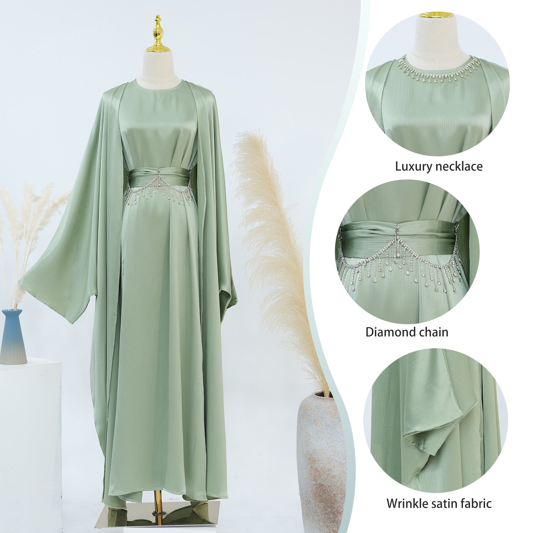 LR806  Elegant Abaya Two-Piece Set + Crystal Chain