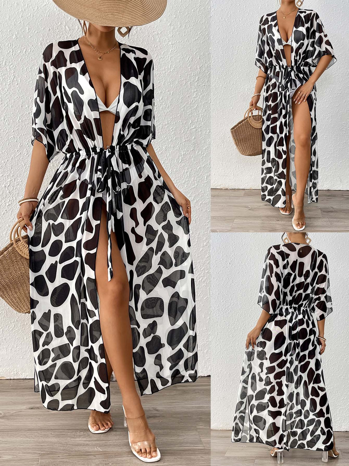 A12267  Batwing Sleeve Tie Waist Leopard Print Mesh Beach Bikini Cover Up