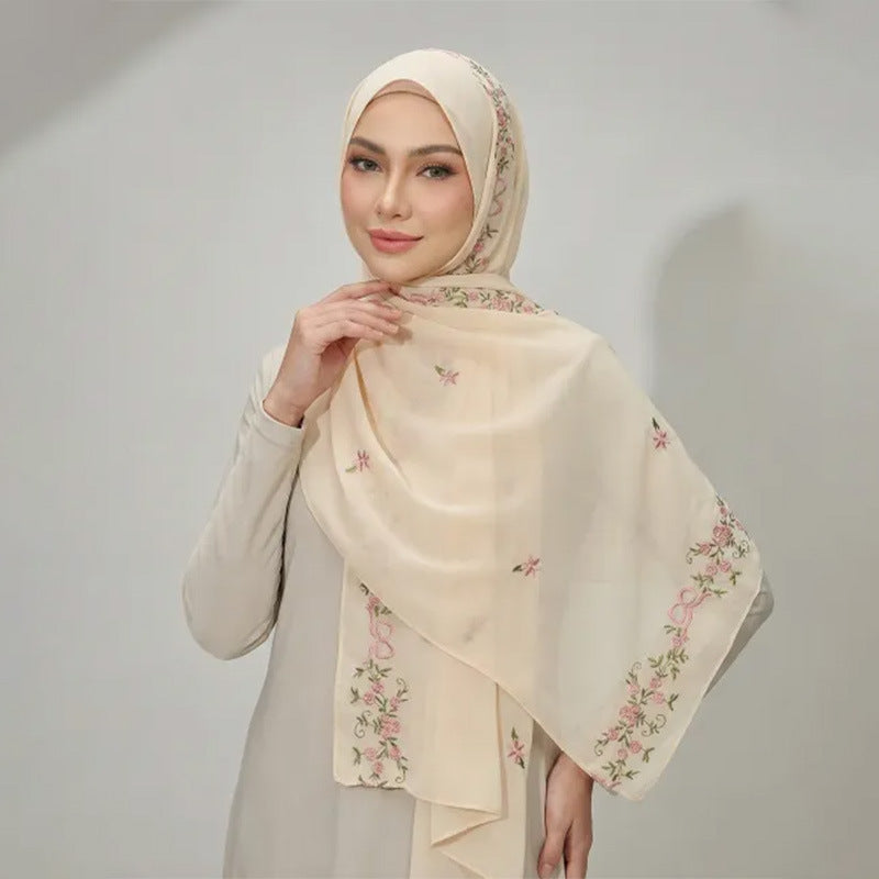 VE122  High-Quality Plain Elastic Chiffon Hijab with Embroidery