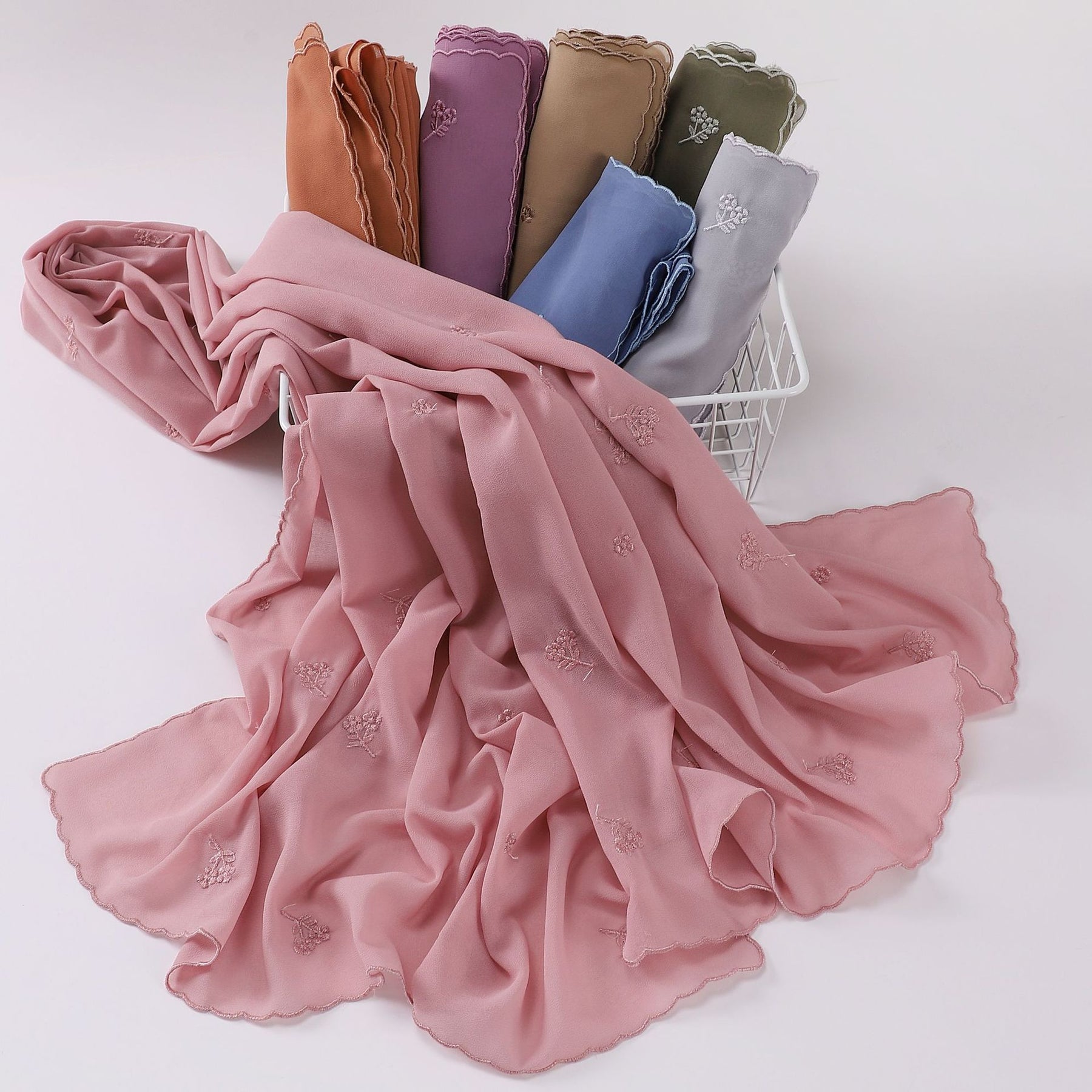 W-0116 premium plain chiffon embroidery edge hijab scarf