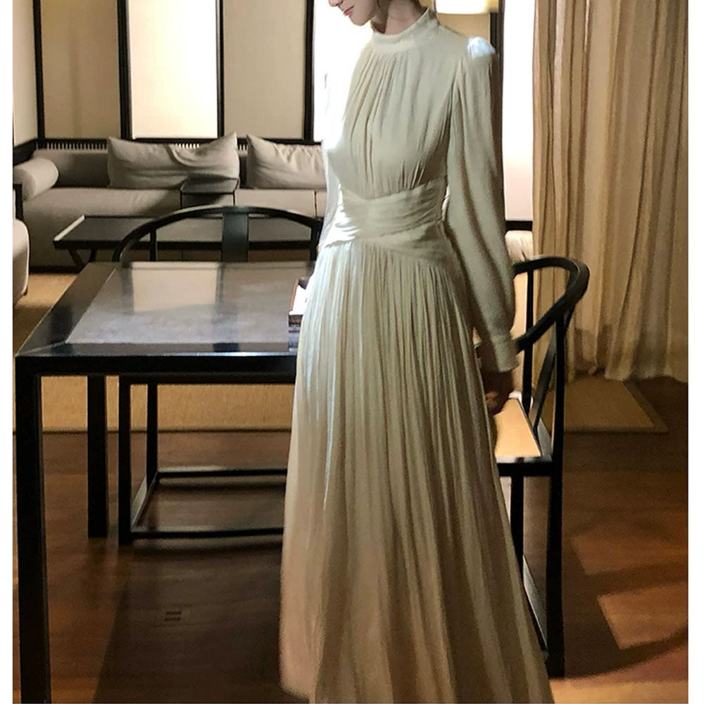 XMY01  Half Turtleneck Pleated Crossover Slimming Polyester Dress