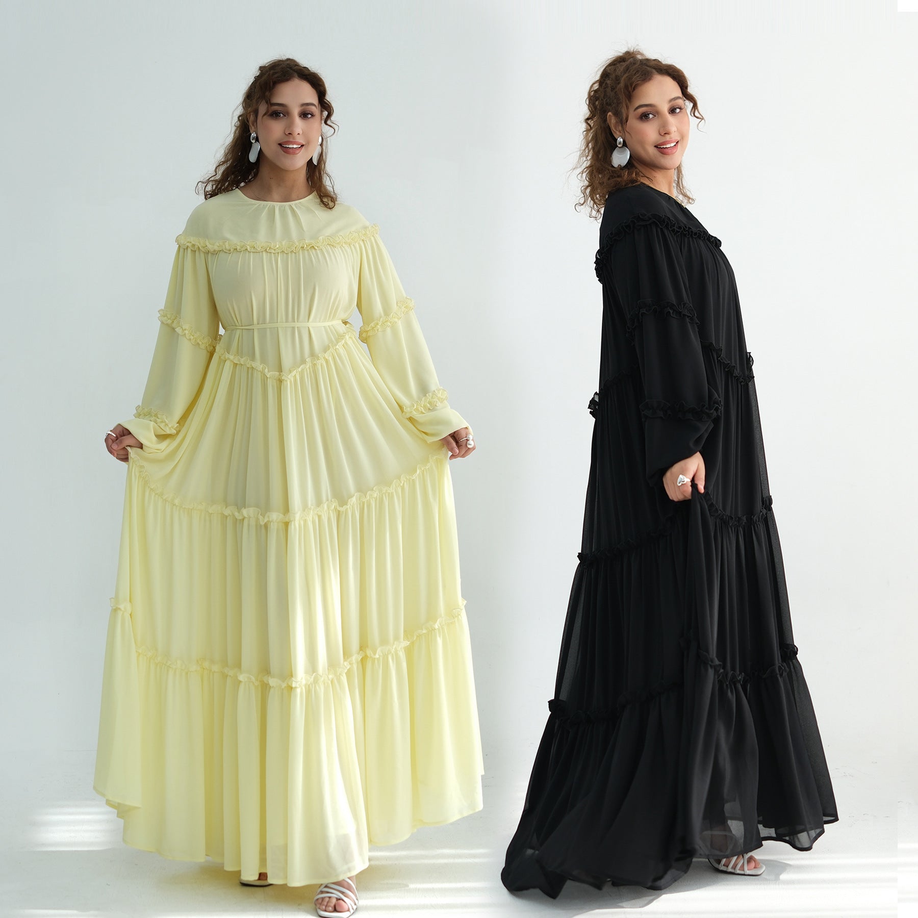 LR1161  Long Sleeve Tiered Ruffle Double Layer Dress
