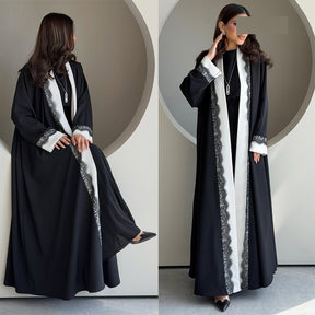 MQ266  Black Polyester Lace Patchwork Abaya