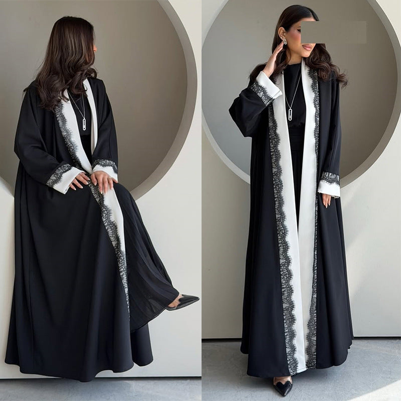 MQ266  Black Polyester Lace Patchwork Abaya