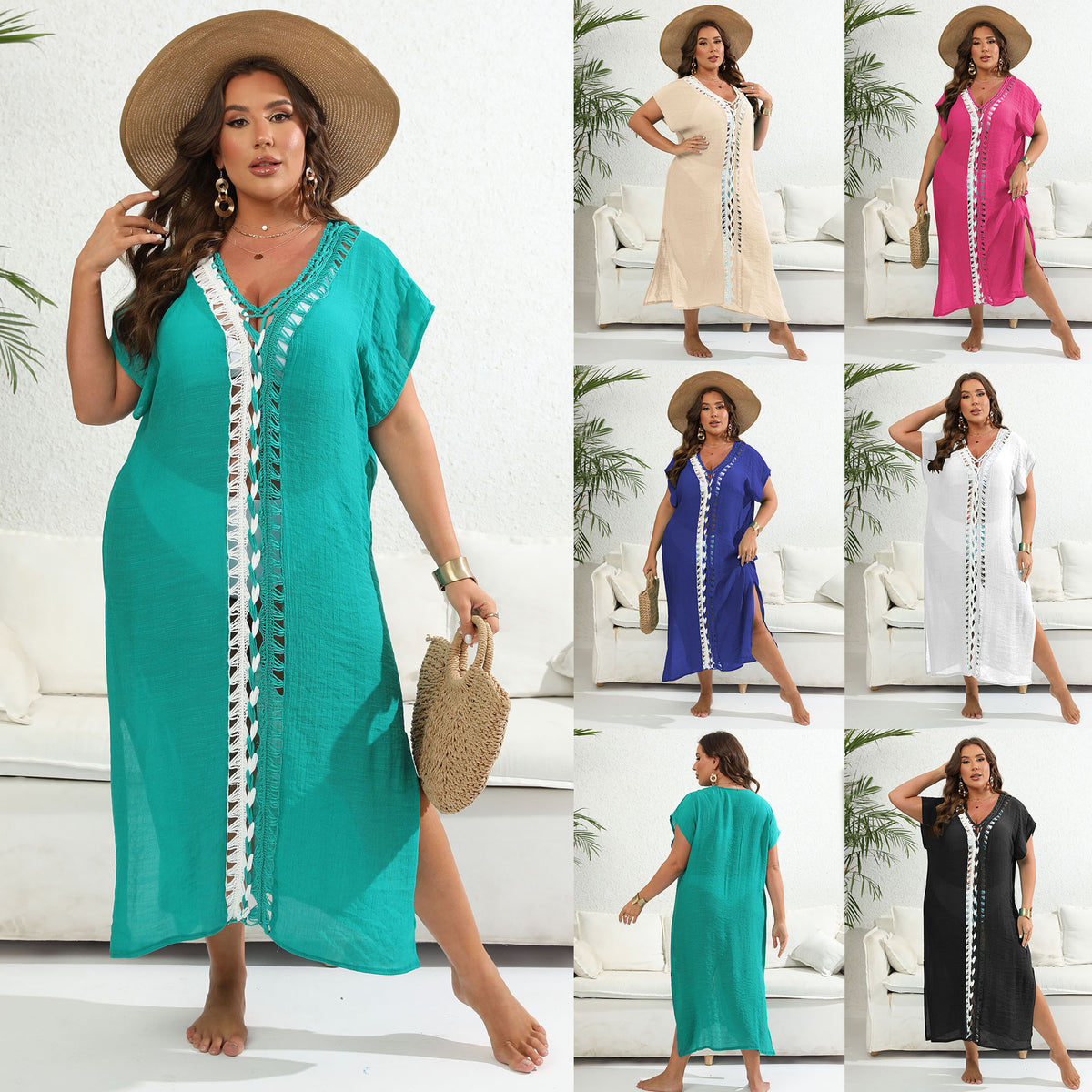 F200250 Hand-crocheted contrast color stitching beach dress