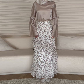 zx9748  Tie Long Sleeve Slimming Polyester Top + Floral Skirt Set - No Hijab Customizable, MOQ 50 pcs