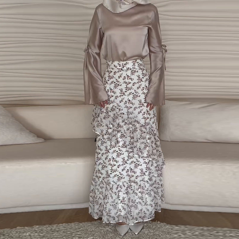 zx9748  Tie Long Sleeve Slimming Polyester Top + Floral Skirt Set - No Hijab Customizable, MOQ 50 pcs