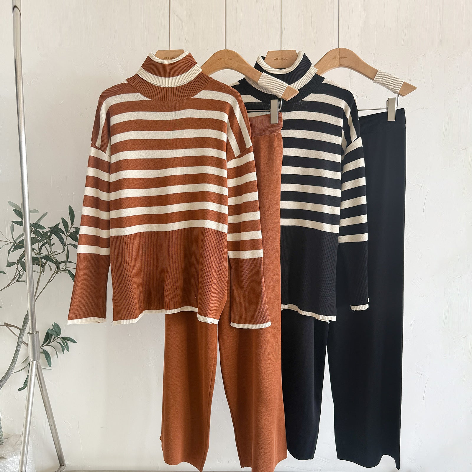 Striped Jersey Loose High Neck Sweater 2-Piece Set