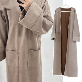 LR891  Fall & Winter Suede Fabric Open Abaya — Open Abaya Only