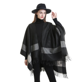 Plaid blanket warm fringed cardigan shawl for autumn and winter