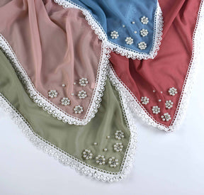 W-0098 90*90 plain pearl chiffon nail beads lace edge kerchief hijab