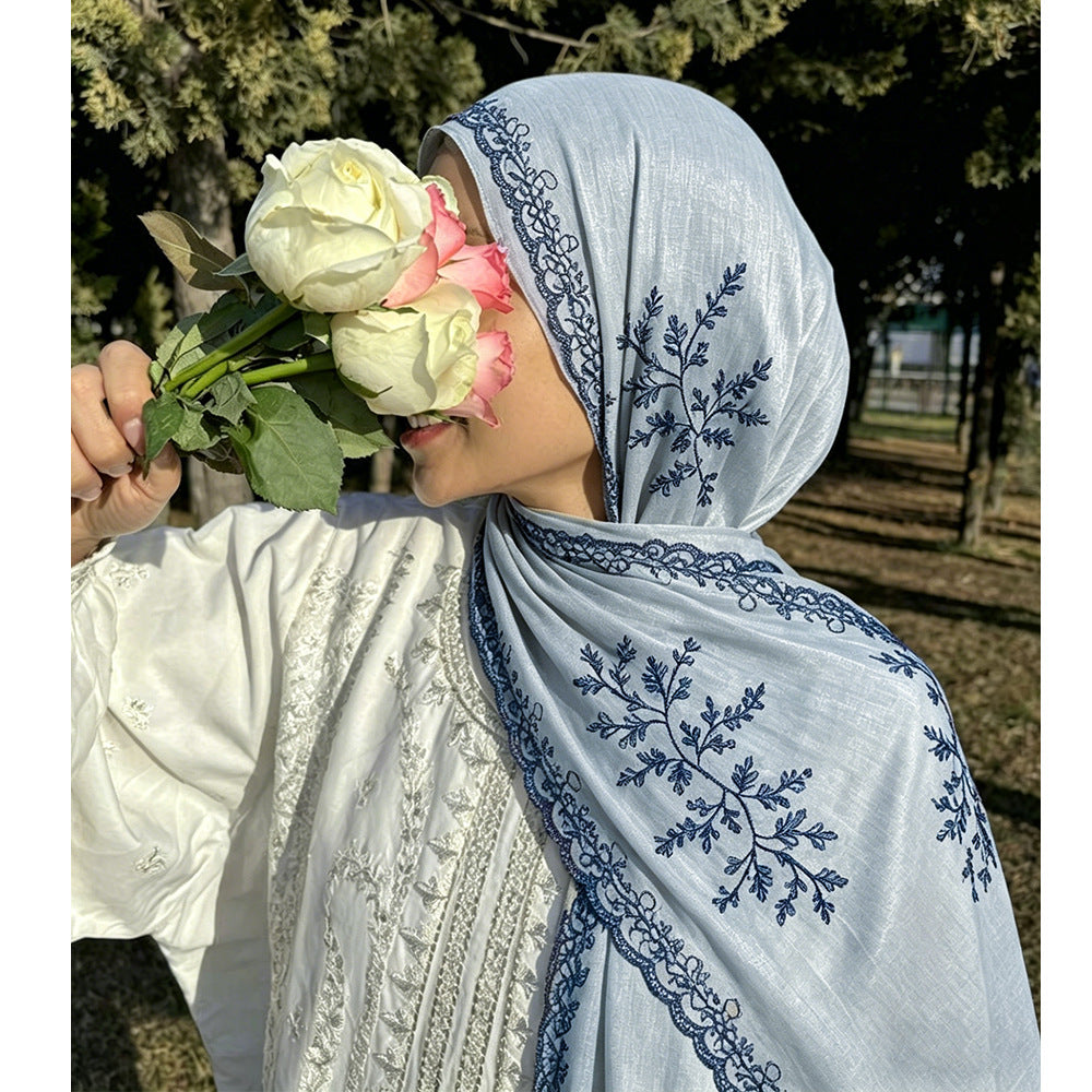 WJ115  Plain Embroidered Scallop Edge Sea Island Silk Hijab