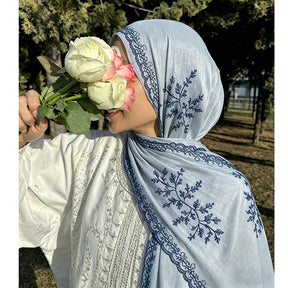 WJ115  Plain Embroidered Scallop Edge Sea Island Silk Hijab