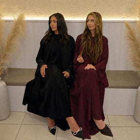LR1191  Plain Nida Gold Foil Lace Open Abaya + Inner Layer + Hijab Set