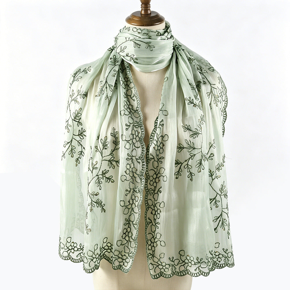 WJ115  Plain Embroidered Scallop Edge Sea Island Silk Hijab