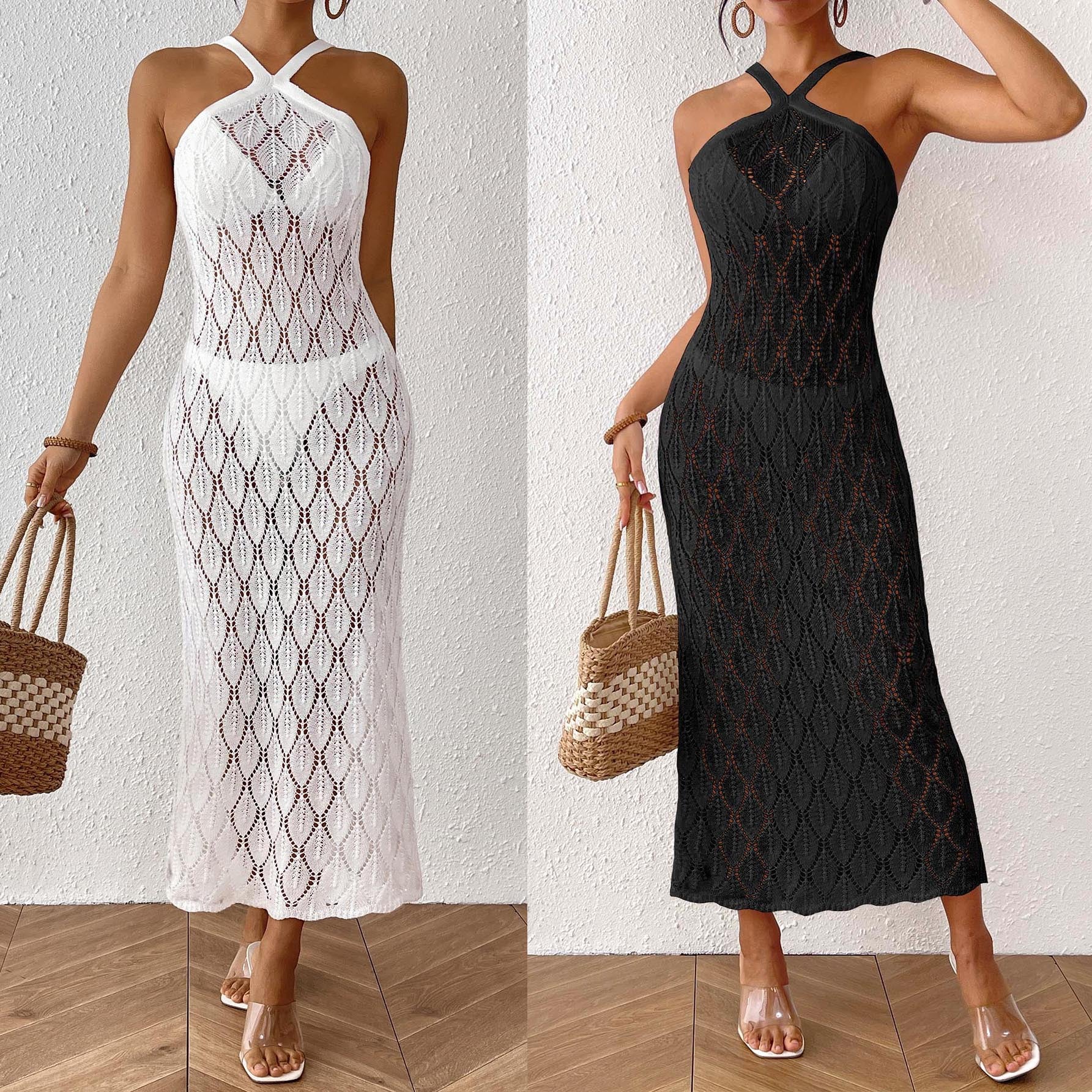 Z1047 Backless Hollow Leaf Jacquard Sling Dress