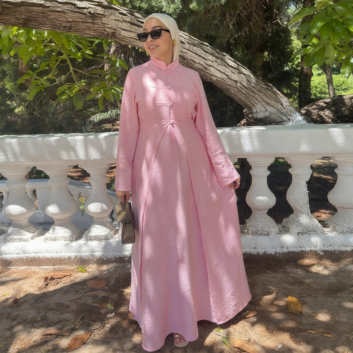 LR1124  Plain Solid Polyester Tie-Front Open Abaya Cardigan + Inner 2-Piece Set