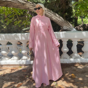 LR1124  Plain Solid Polyester Tie-Front Open Abaya Cardigan + Inner 2-Piece Set