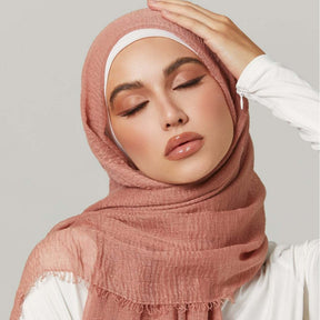WJ01  Plain Seersucker Crinkle Fringe Edge Large Hijab