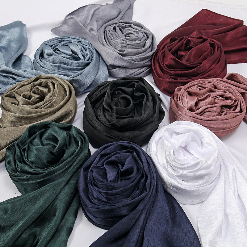 YW305  Malaysia new satin silky imitation silk scarf scarf fold solid color women scarf wholesale