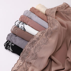 W-0512  Pearl Chiffon Long Hijab with One Side Embroidery
