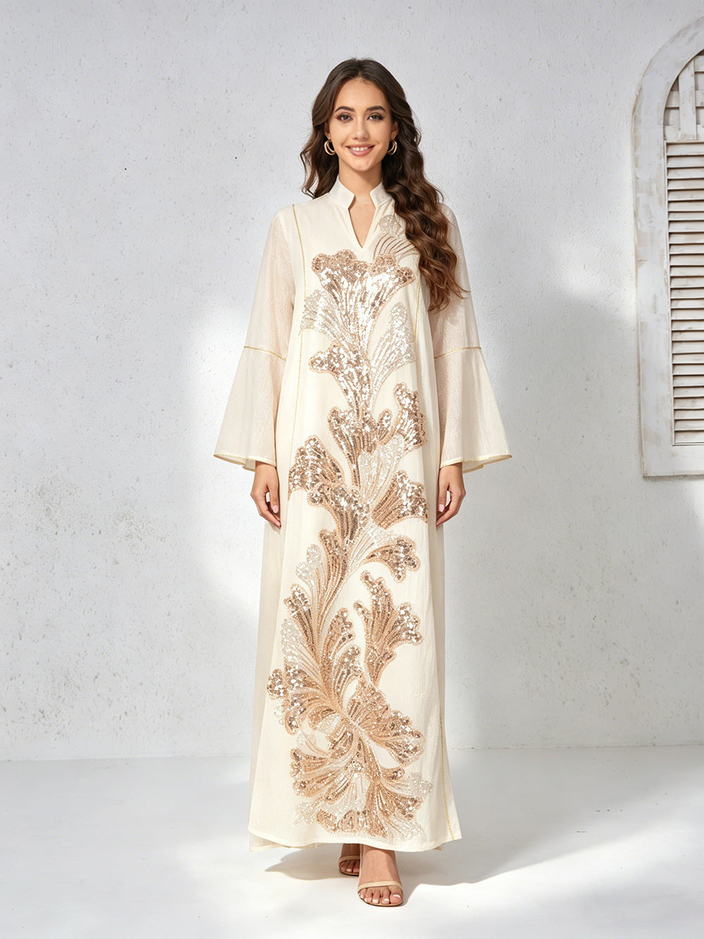 MT557  Stand Collar Sequin Beaded Embroidered Luxury Dress