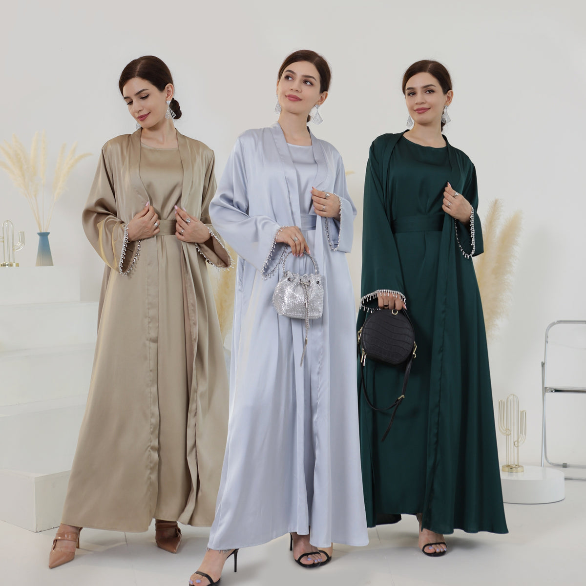 LR627+LR635 Amazon Dubai Spring and Summer Daily Solid Color Bead Suit Dress Robe