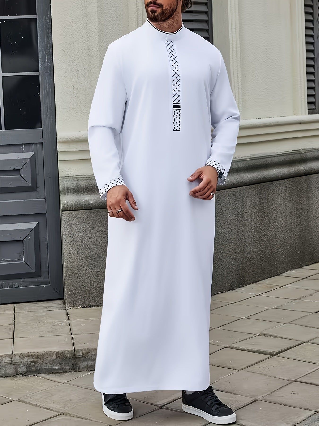 1134017  Loose Fit Embroidered White Casual Men's Abaya