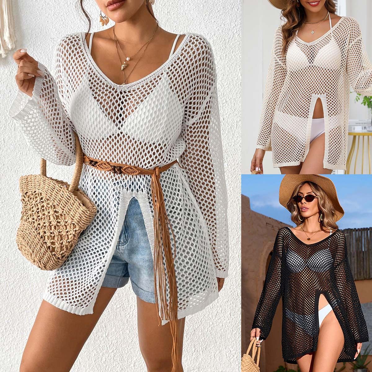 X6964  Hollow side slit personality long sleeve beach dress