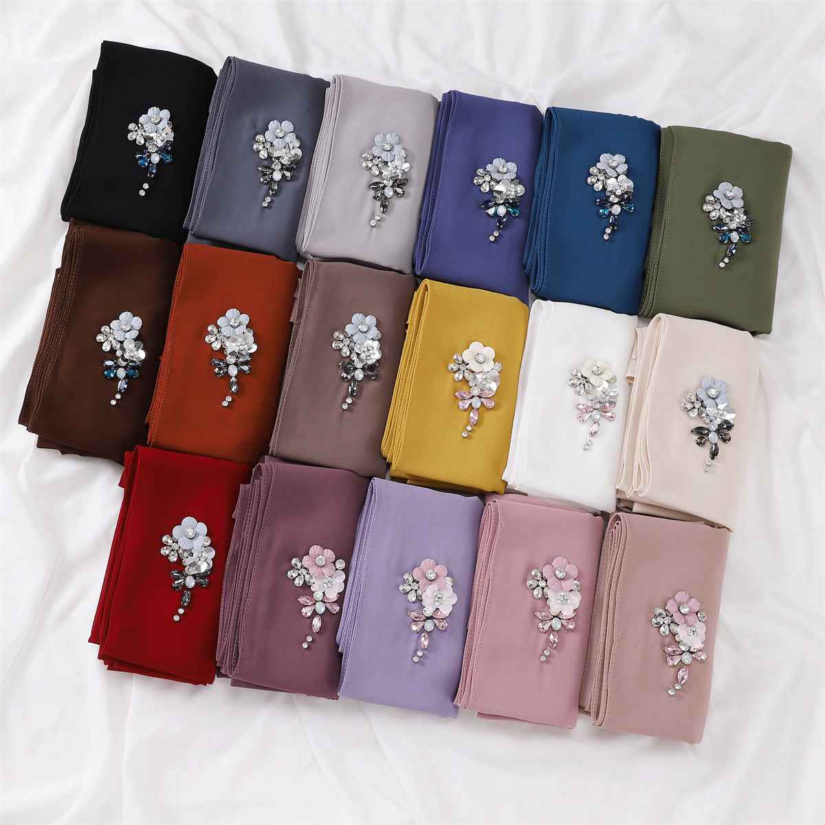 YZ147  Hand-Set Crystal Plain Pearl Chiffon Hijab
