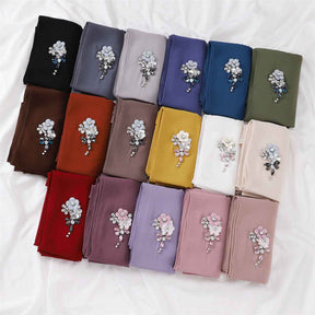 YZ147  Hand-Set Crystal Plain Pearl Chiffon Hijab