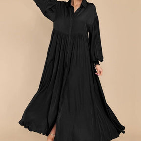 7826  Women's Casual Plain Button Lapel Pleated Long Sleeve Maxi Dress