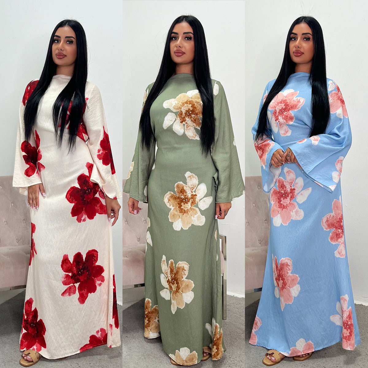 LR1063  Women's Printed Ankle-Length Dress with Slimming Waist